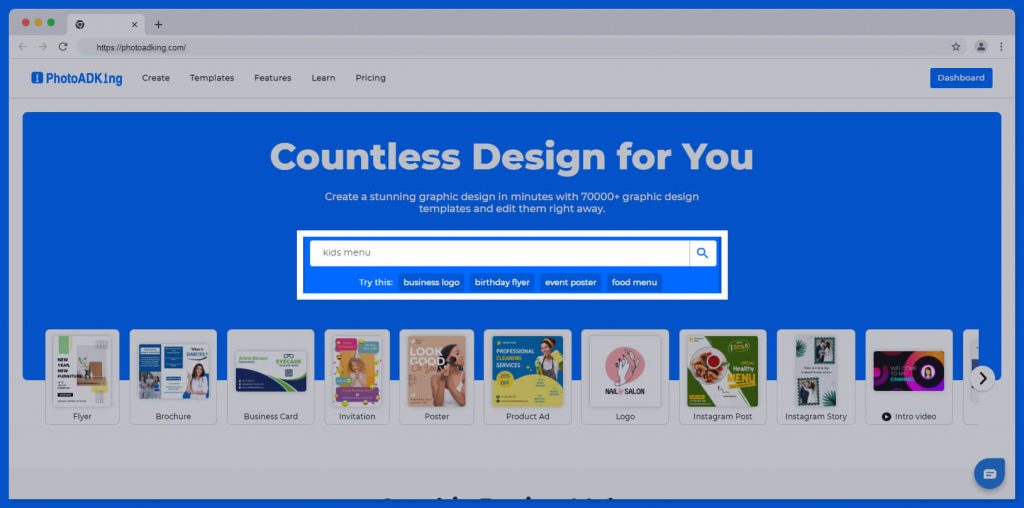 search kids menu templates on the photoadking search bar
