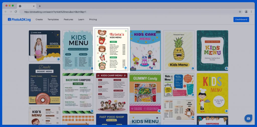 choose right kids menu in templates