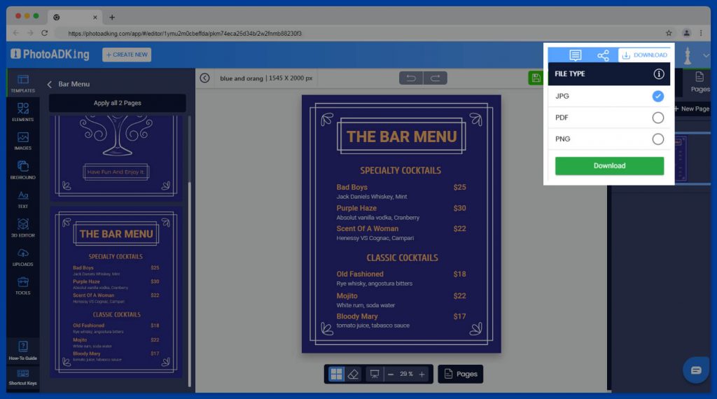 download your bar menu