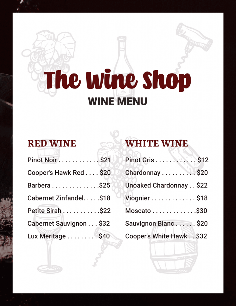 categorized wine menu 