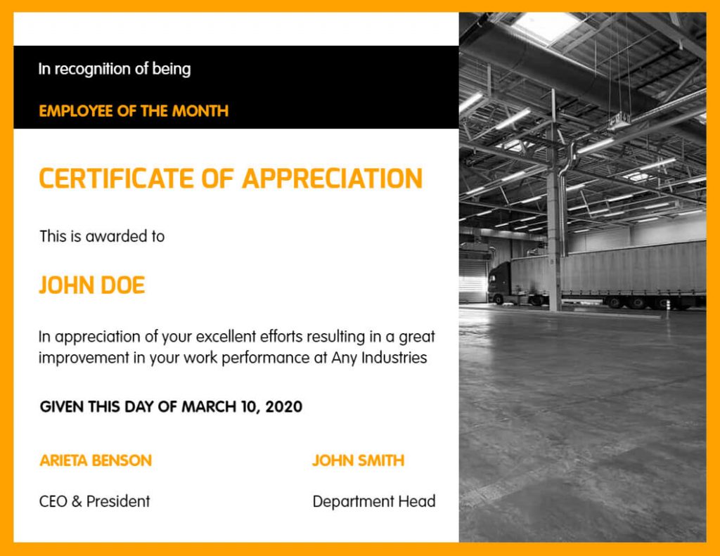 Employee Of the Month Appreciation Certificate