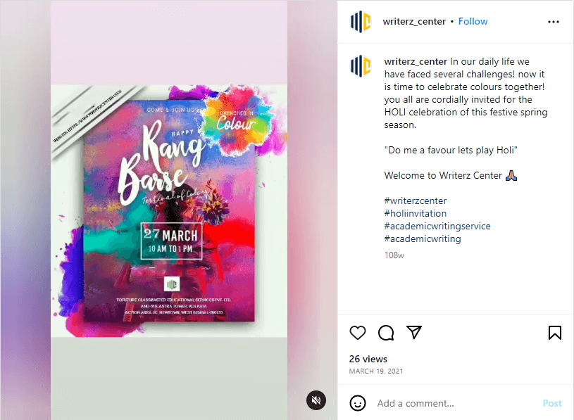 Writerz Center Holi Invitation Sample Instagram Post