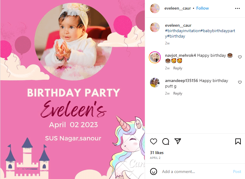 Eveleen’s Birthday Invitation Sample Instagram Post