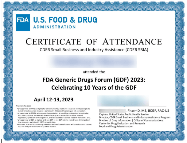 US FDA Attendance Certificate Sample for Generic Drugs Forum 2023