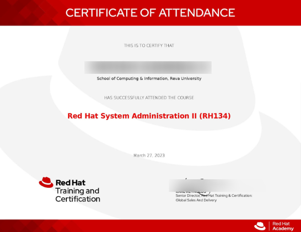 Red Hat Certificate of Attendance for Training Course Attendance