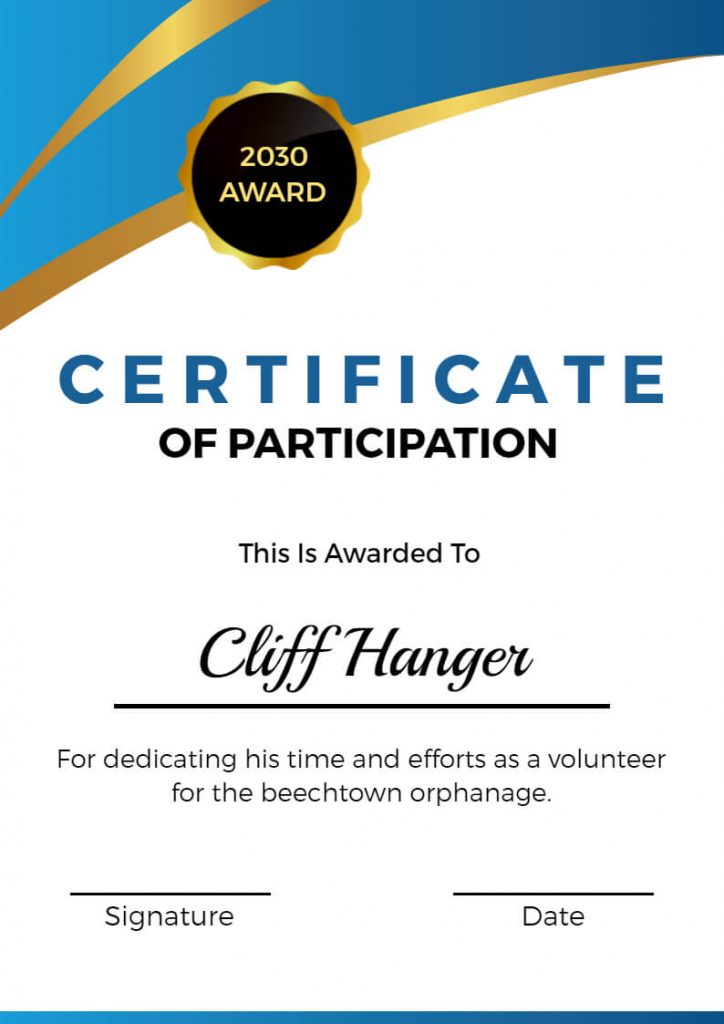 Participation Certificate Template of Orphanage Volunteer