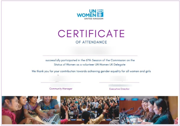 UN Women Attendance Certificate Sample for Serving as Volunteer