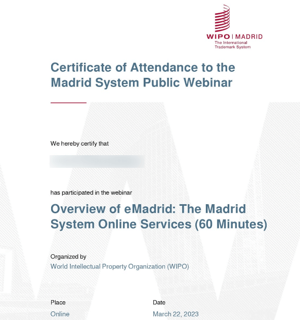 WIPO Certificate of Attendance for Madrid System Public Webinar
