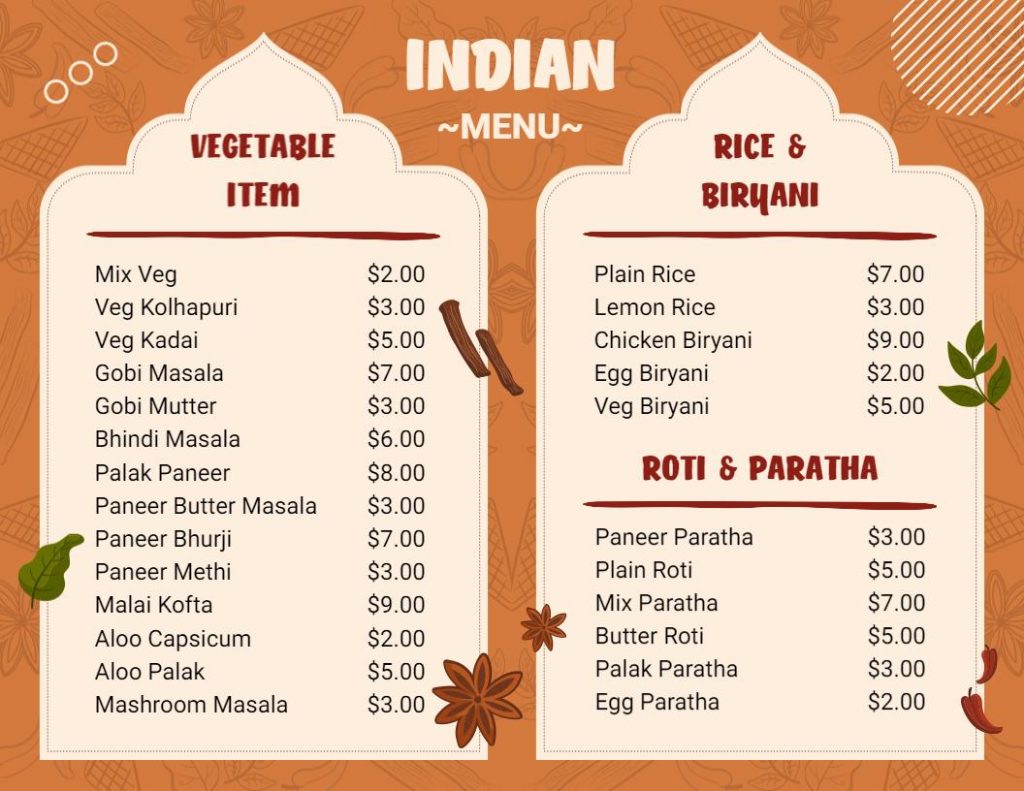 indian menu design ideas