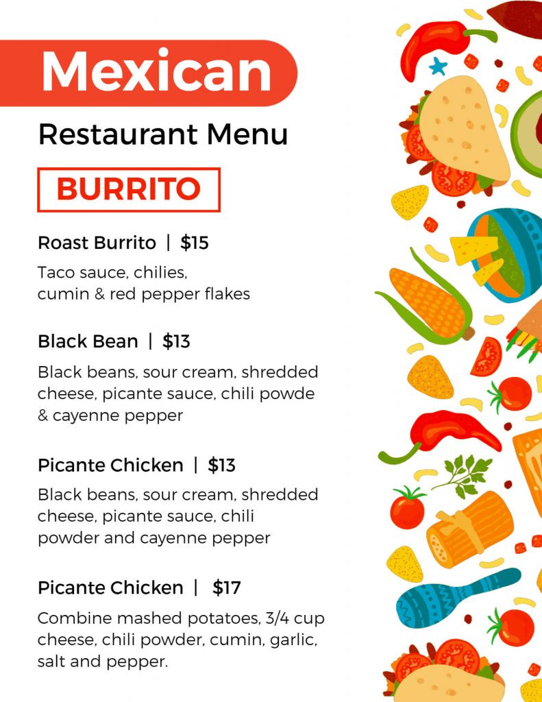 Street Style Mexican Menu