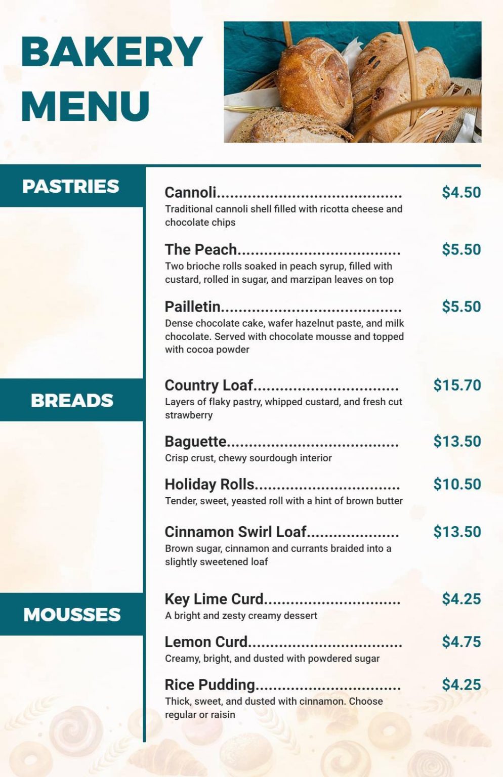 Layout of Restaurant Menu