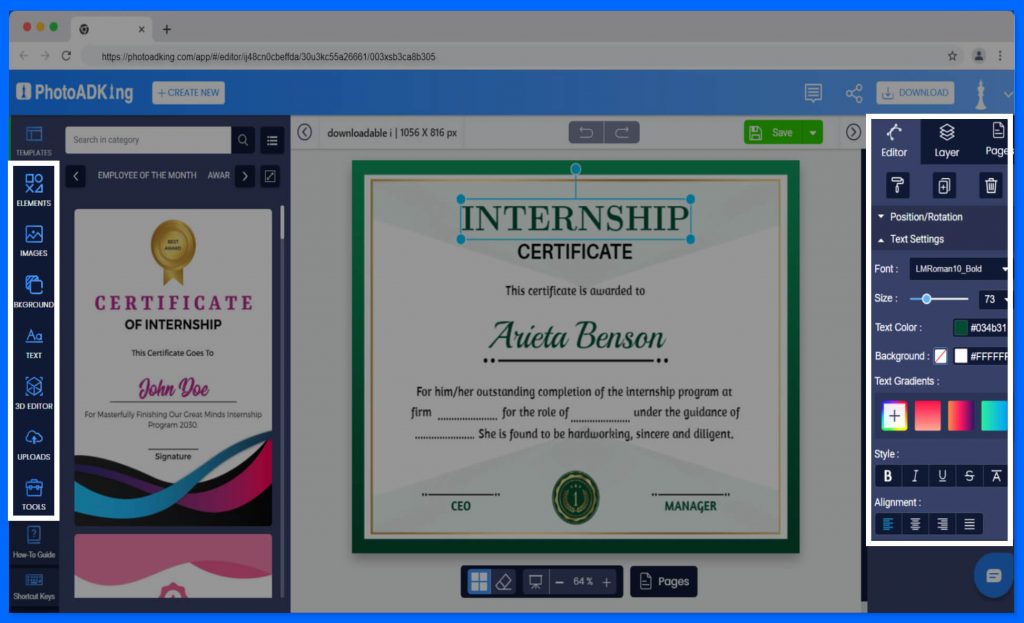Customize the internship certificates 