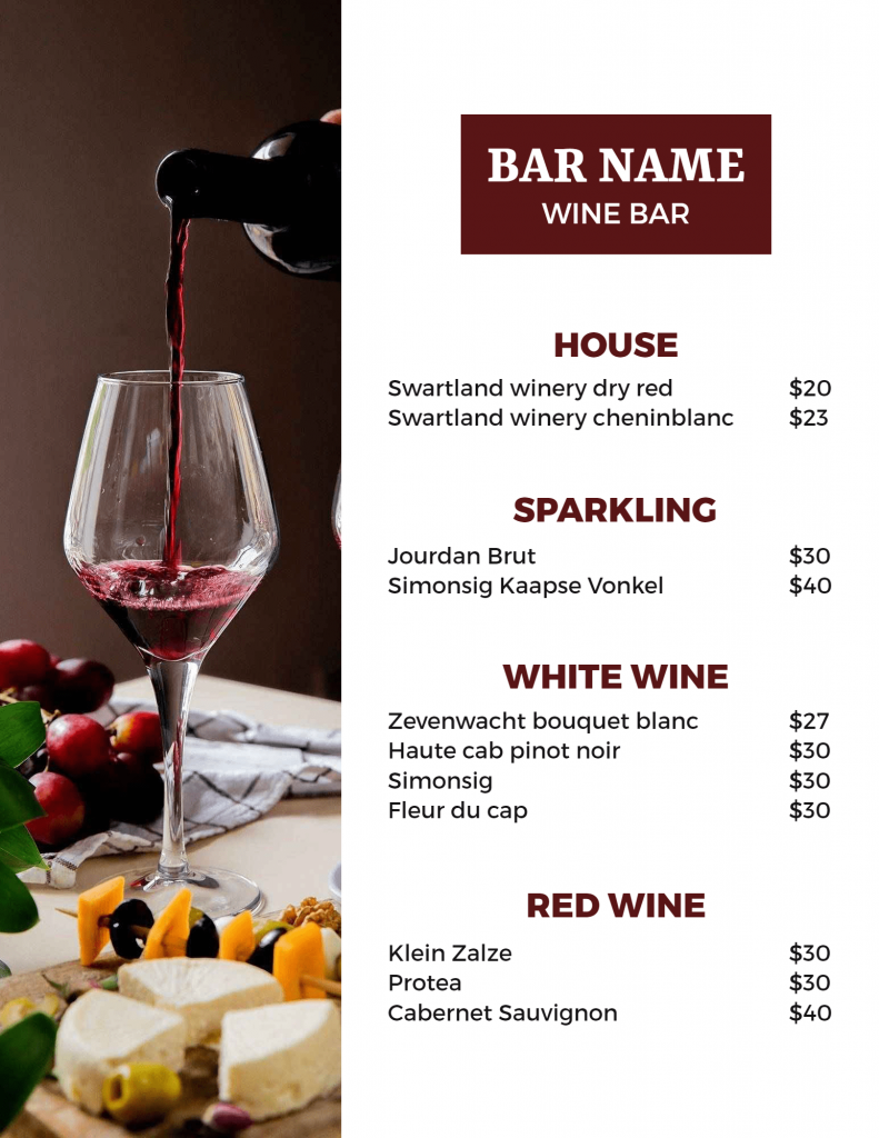 organize wine menu template