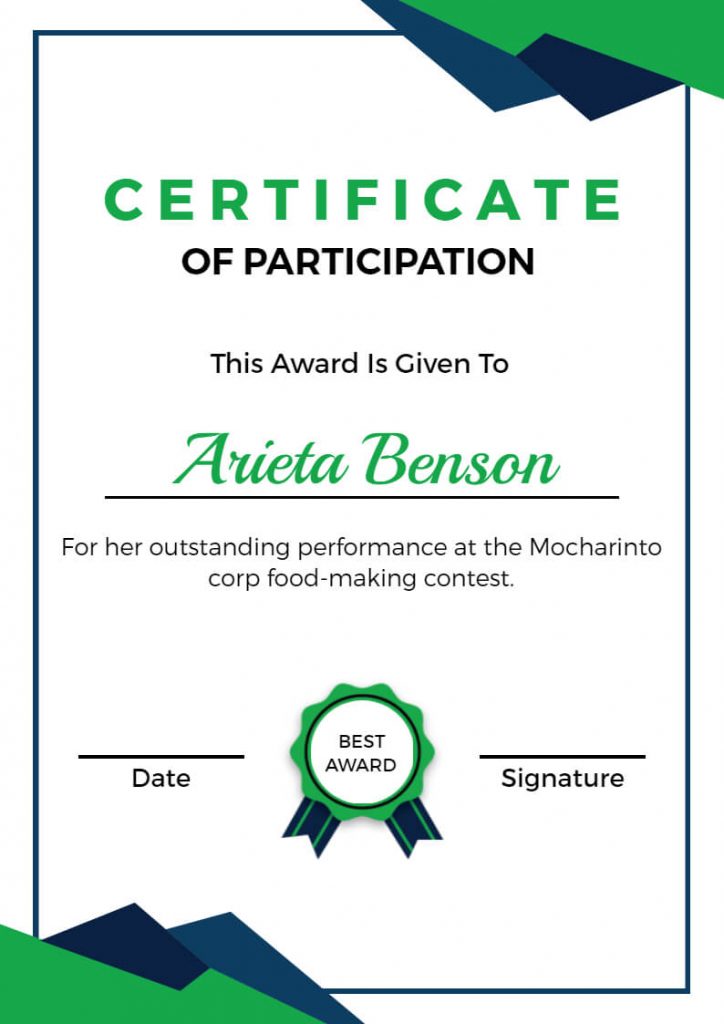 Participation Certificate Template for Food Making