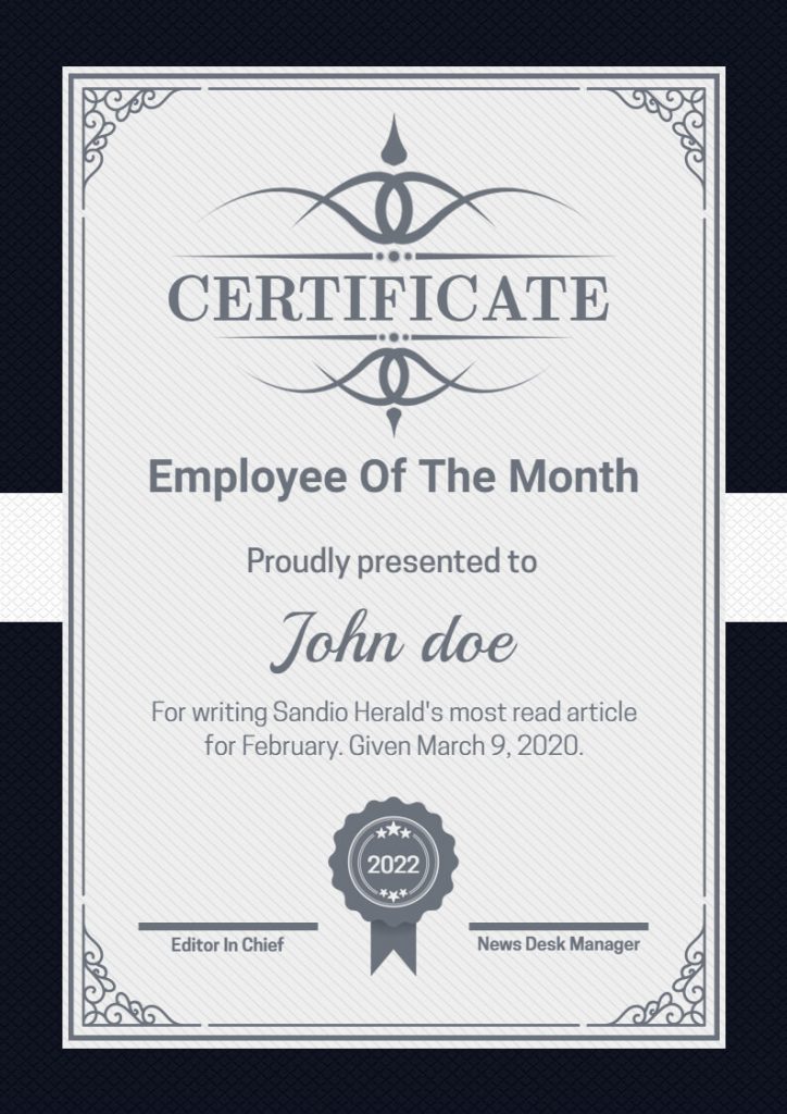 Portrait Employee of the Month Certificate