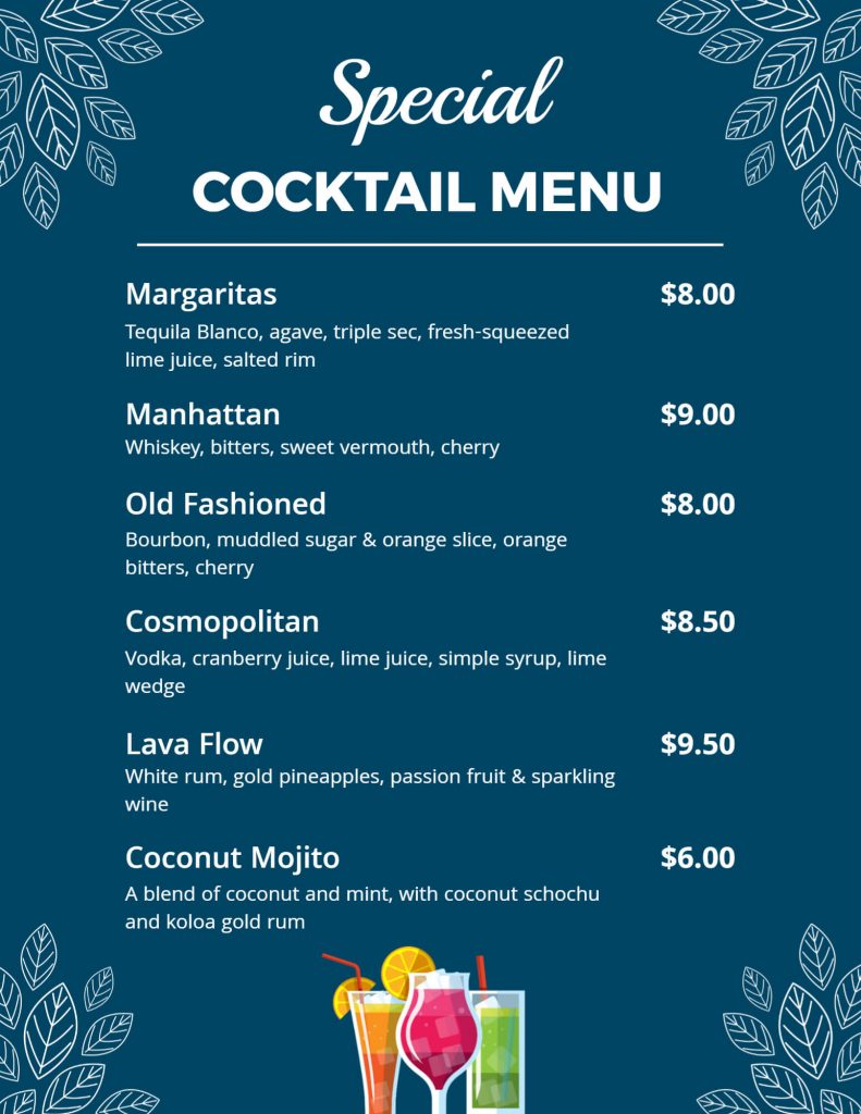 social cocktail menu
