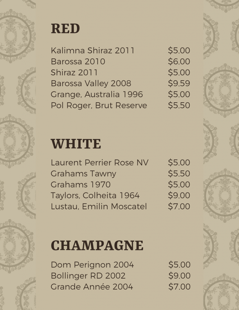 special selection wine menu template