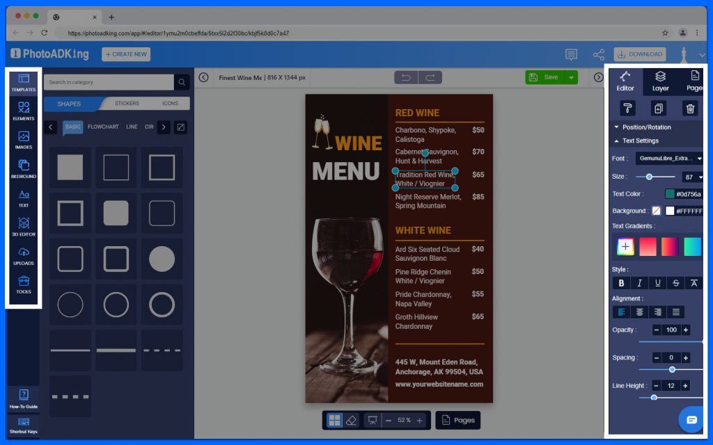 edit wine menu template
