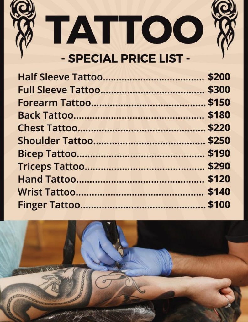 tattoo price list menu
