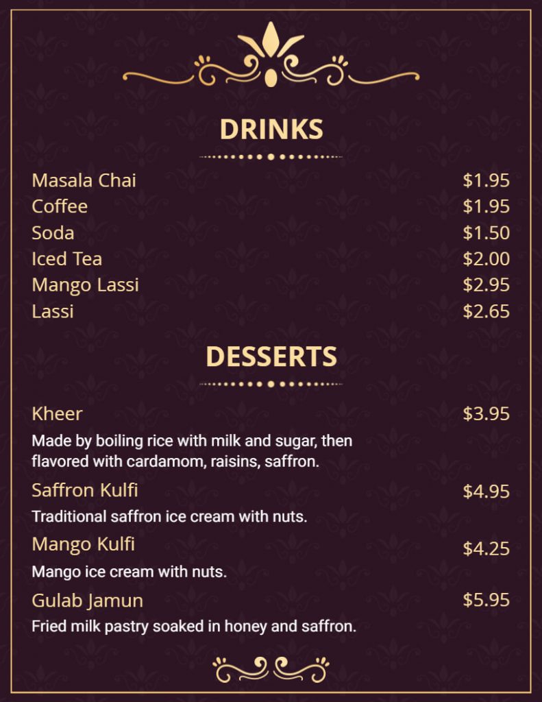typography used in menu style