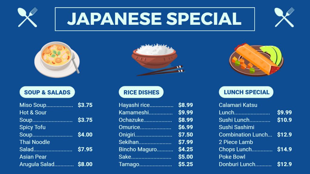 variety of Japanese menu