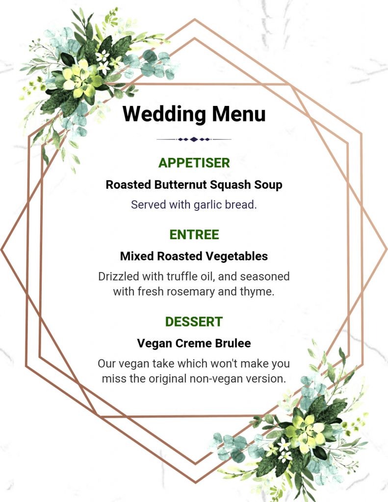 consider theme in wedding menu