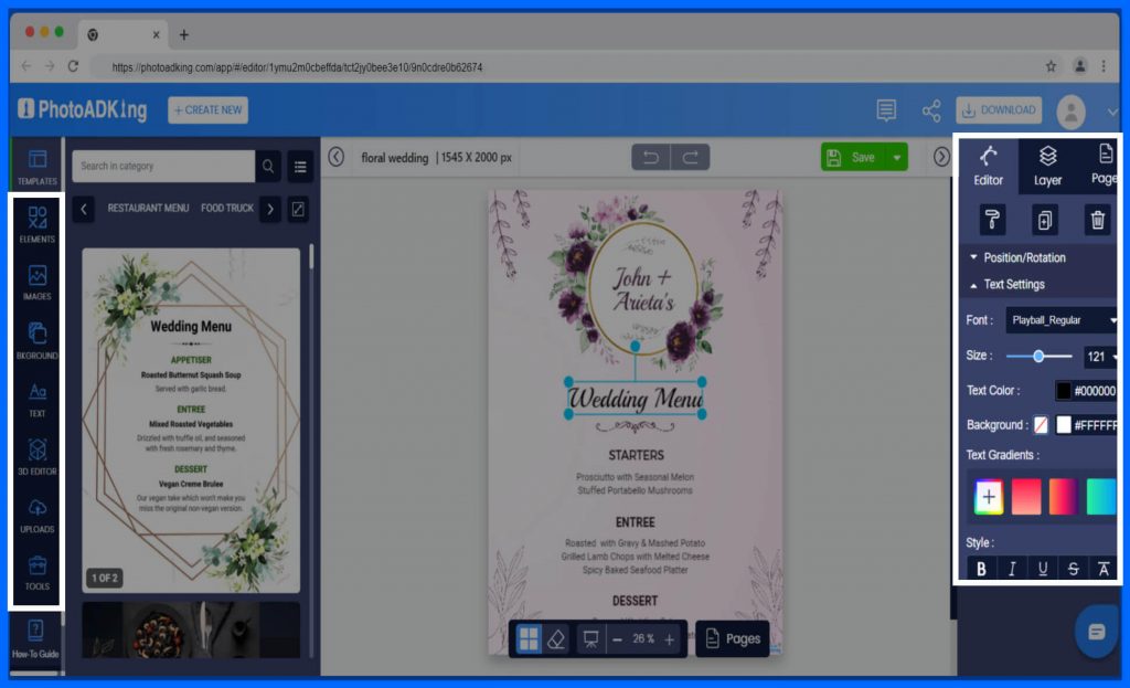 customize wedding menu template