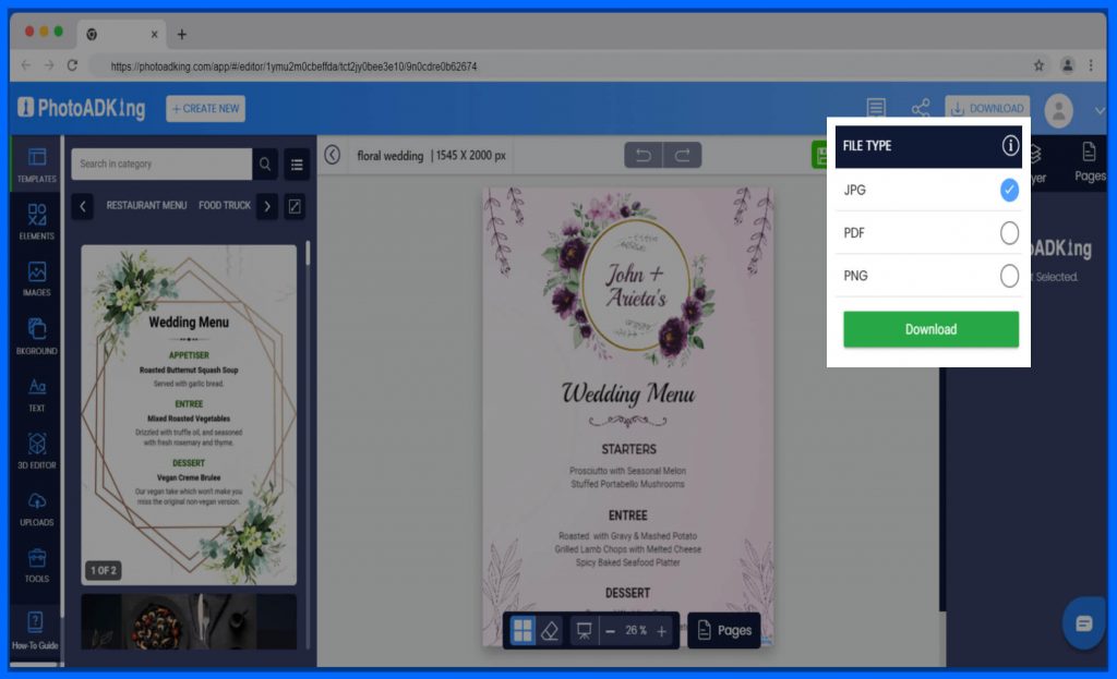 download wedding menu template