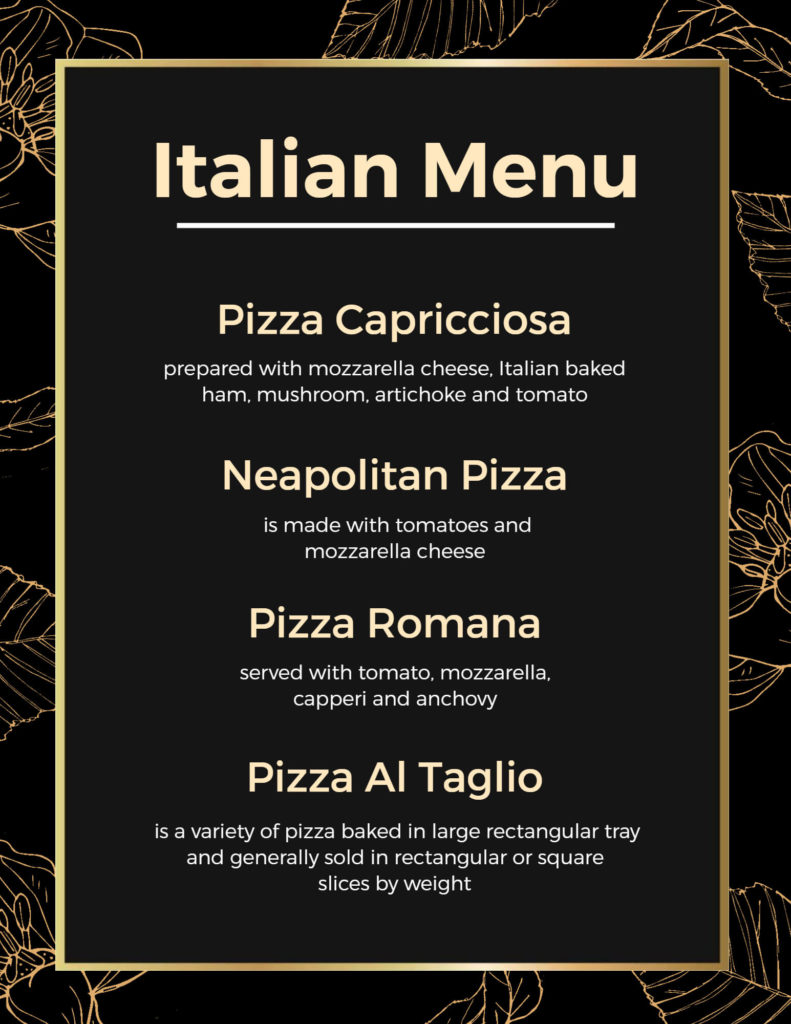 Descriptions and Ingredients on the Italian Menu