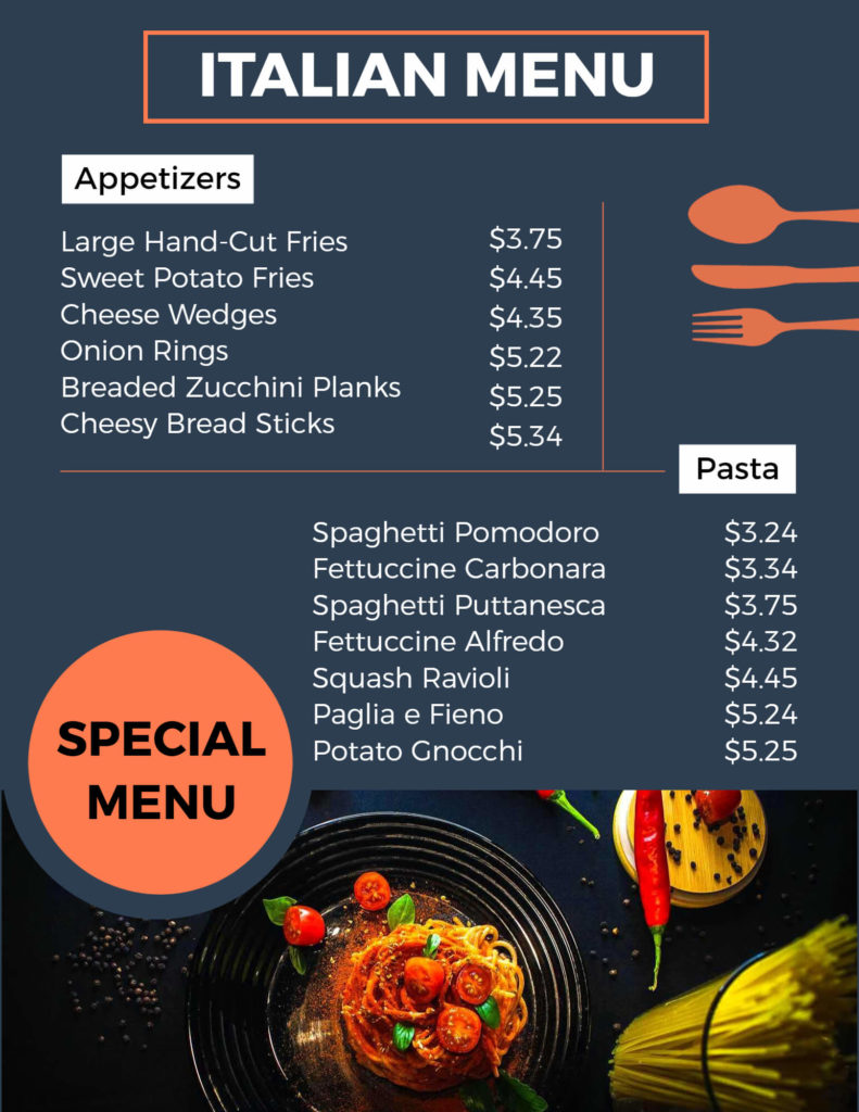 Special Dishes on the Italian Menu design