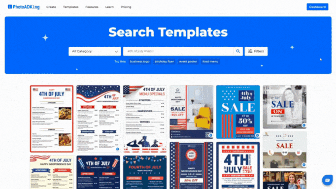 Choose the Menu Template for 4th of July