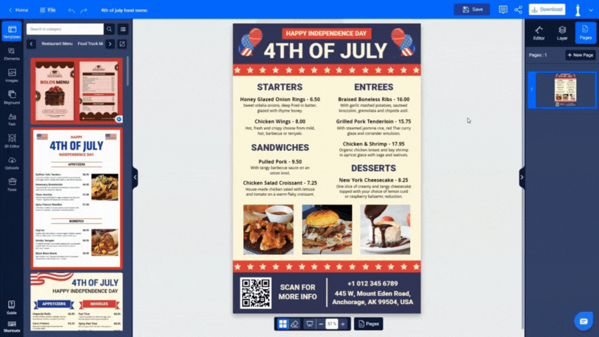 Customize the Menu Template for 4th of July