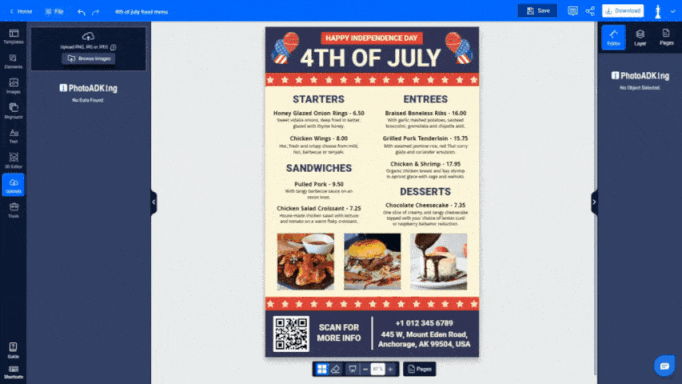 Add images of your most selling dishes in 4th of July menu template