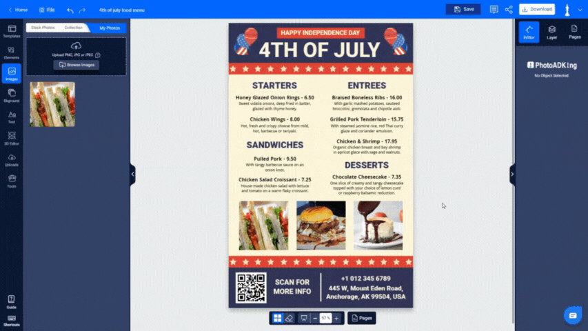 Add your restaurant contact details and address in 4th of July menu templates
