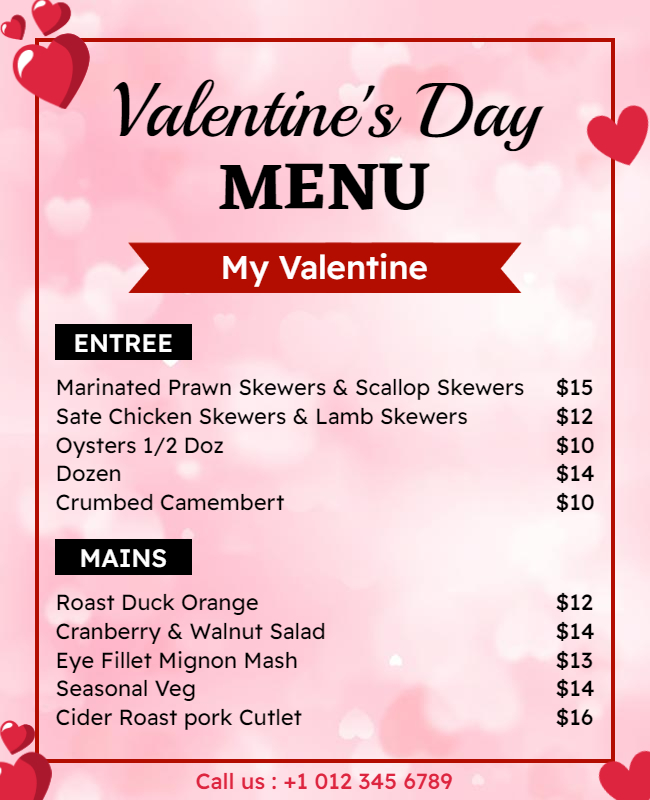 Valentines Day Restaurant menu Flyer