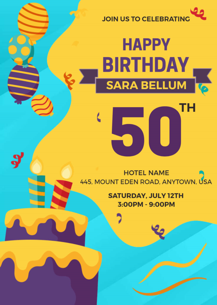 Yellow and Blue 50th Birthday Invitation Template