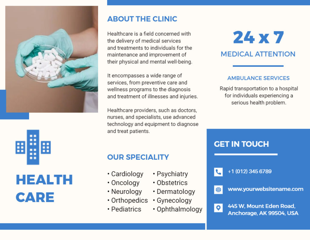 Blue and White Health Care Brochure Template