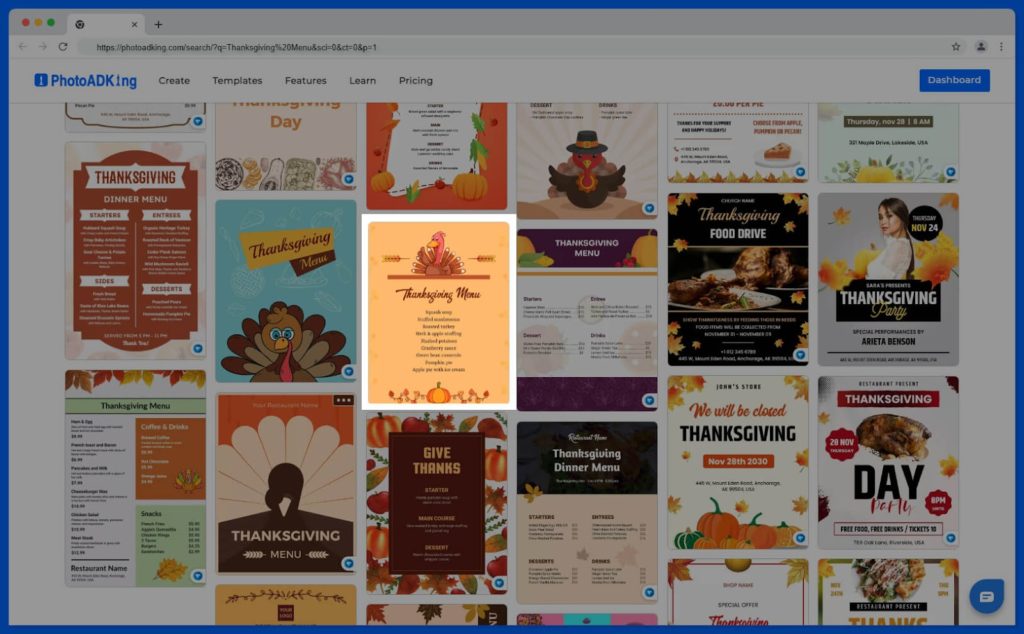 choose thanksgiving menu template