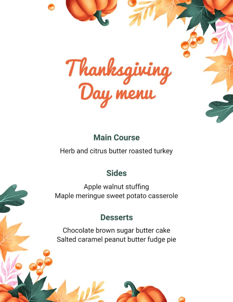 simple menu for thanksgiving
