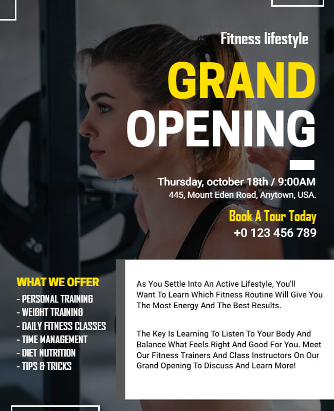 Contact Information in Gym Opening Flyer