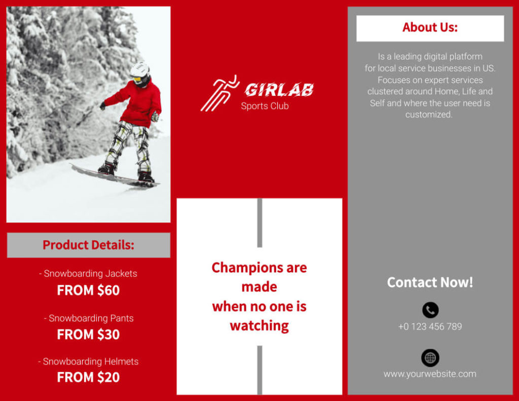 Snowboarding Products Trifold Brochure Sample