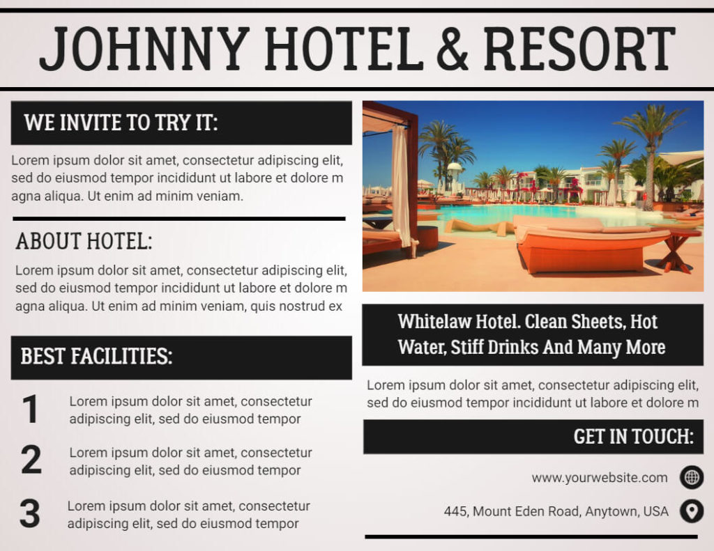 Black and White Background Hotel and Resort Leaflet