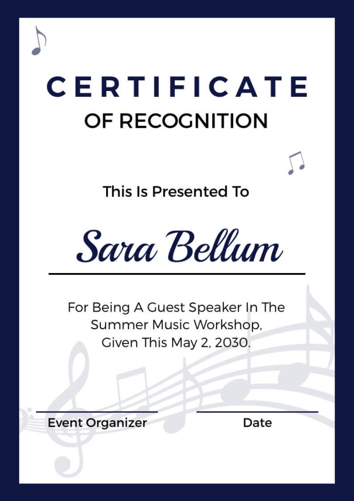 Recognition certificate sample