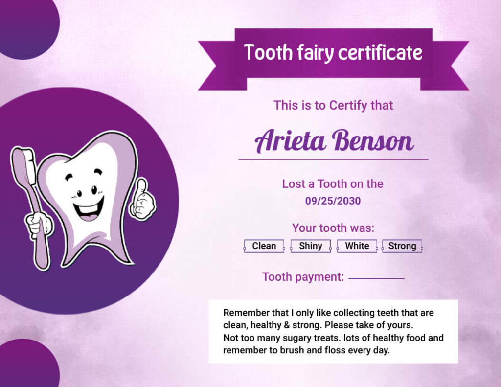 Tooth Fairy Certificate Example