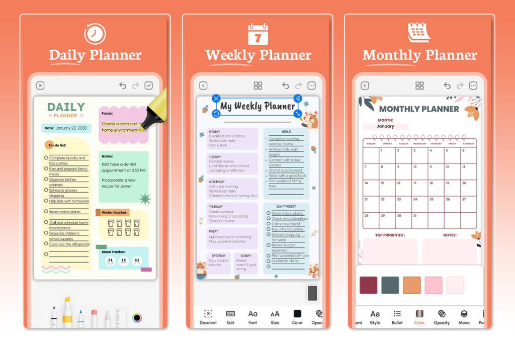 Daily Planner, Weekly Planner, Monthly Planner